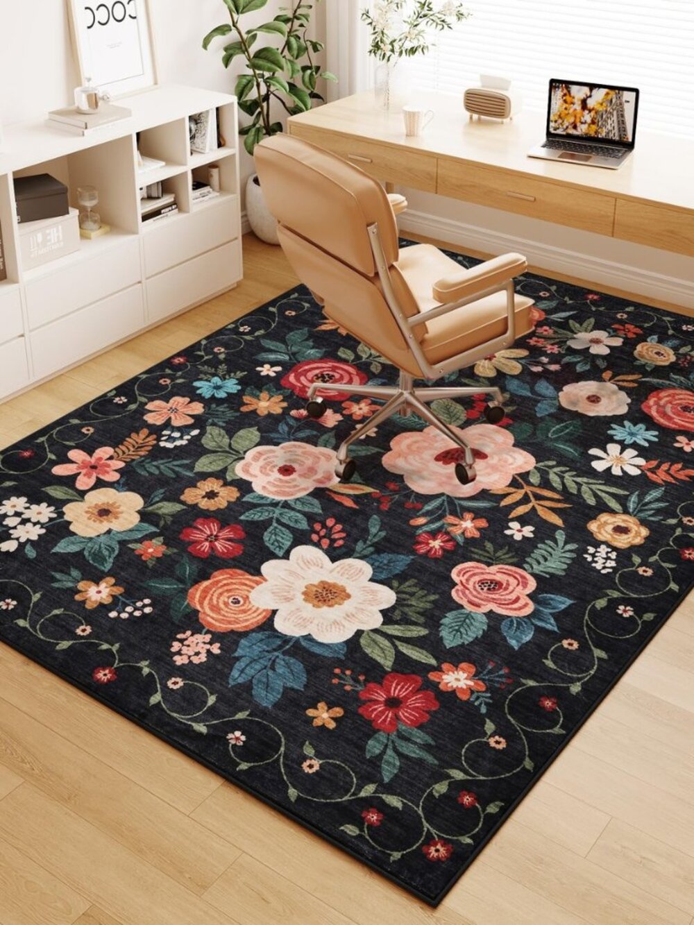 4x6 Area Rug, Floral Washable Office Rug Non Slip Chair Mat, Black